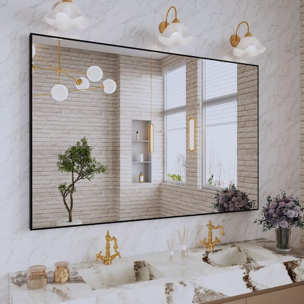 48 in. W x 32 in. H Aluminum Framed Rectangular Vanity Wall Mounted Mirror in Matte Black
