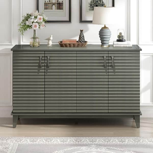 Harper & Bright Designs Retro-style Antique Gray MDF Top 60 in. Sideboard with 4 Door, Adjustable Shelves and Metal Handles