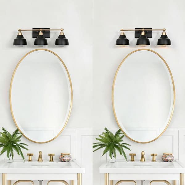 24.5 in. 3-Light Modern Black Bell Vanity Light, Gold Bathroom Light Fixture, Wall Sconce with White Inner Metal Shades