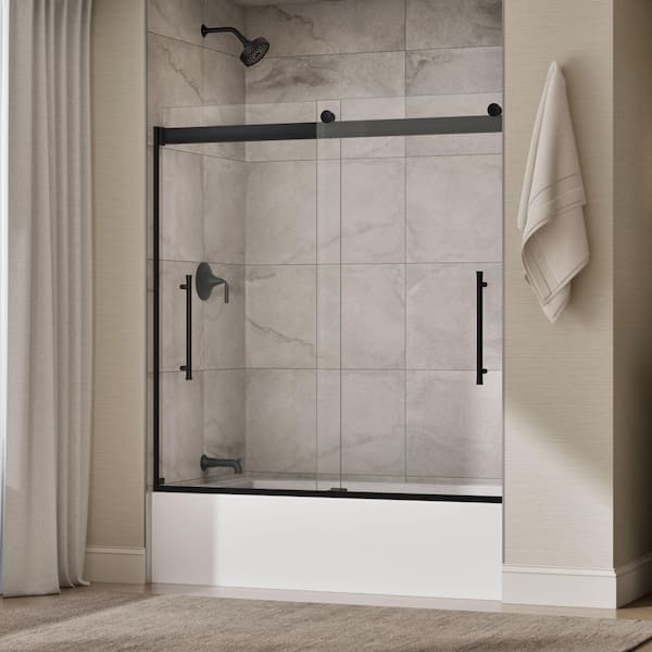 Elmbrook 55-60 in. W x 62 in. H Sliding Frameless Bathtub Door in Matte Black with Clear Tempered Glass