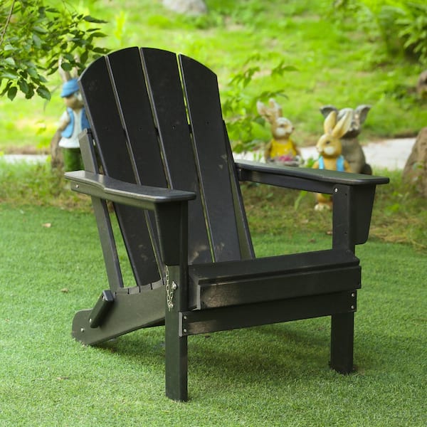 Unbranded Black Outdoor Folding HDPE Adirondack Chair, Stackable Ergonomic All-Weather Adirondack Chair for Patio Garden Backyard