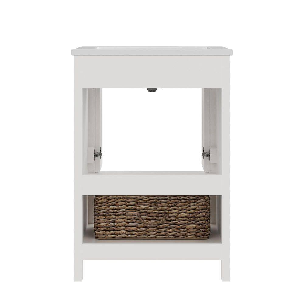 24" White Freestanding Bathroom Vanity with Ceramic Top and Woven Basket