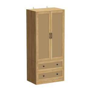 Netrural Wood Grain Wooden Freestanding Coat Storage Cabinet, Wardrobe with 2-Tier Drawers and Hanging Bar