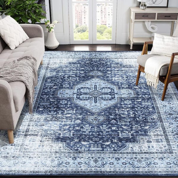Machine Washable Carpet Retro Print Rug Anti-fouling and Anti-slip for Bedroom Living Room Office Blue，8*10ft