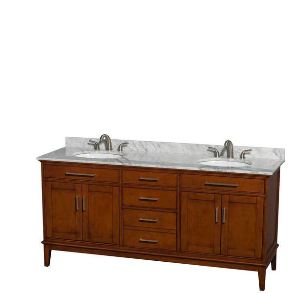 Wyndham Collection Hatton 72 in. Double Vanity in Light Chestnut with Marble Vanity Top in Carrara White and Oval Sinks