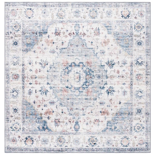 SAFAVIEH Arizona Light Blue/Ivory 6 ft. x 6 ft. Distressed Border Ornate Machine Washable Square Area Rug