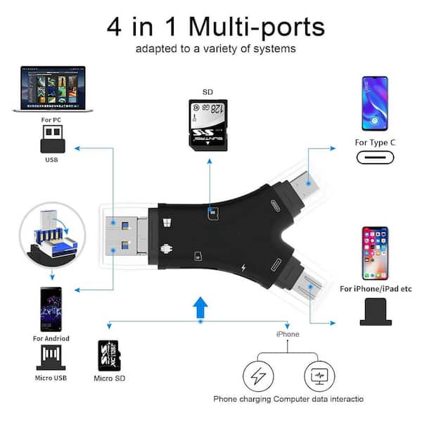 EKIEUDL - 4-in-1 Micro SD Card Reader Adapter, Plug & Play with Charging Port Design & High-Speed Data for Multiple Devices, Black