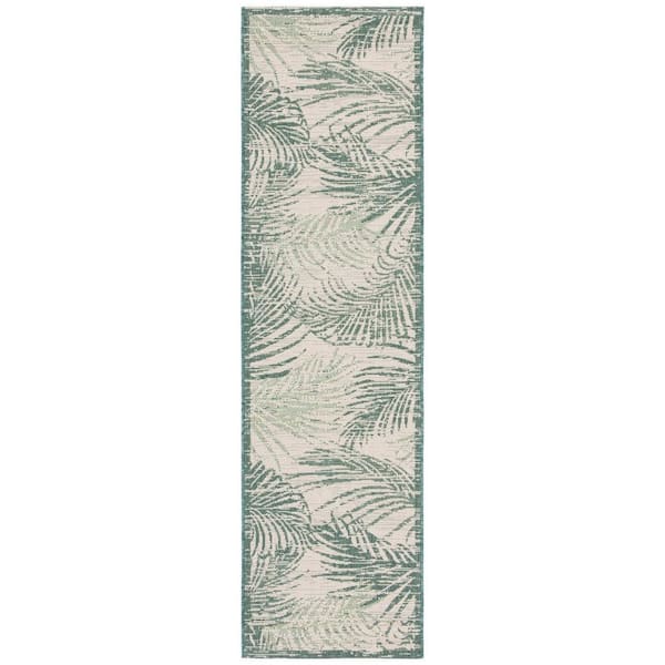 Courtyard Beige/Green 2 ft. x 5 ft. Runner Border Palm Leaf Indoor/Outdoor Area Rug