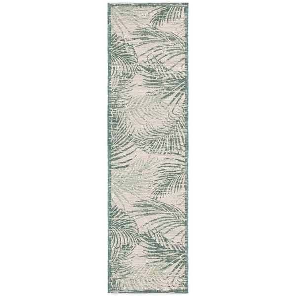 SAFAVIEH Courtyard Beige/Green 2 ft. x 5 ft. Runner Border Palm Leaf Indoor/Outdoor Area Rug