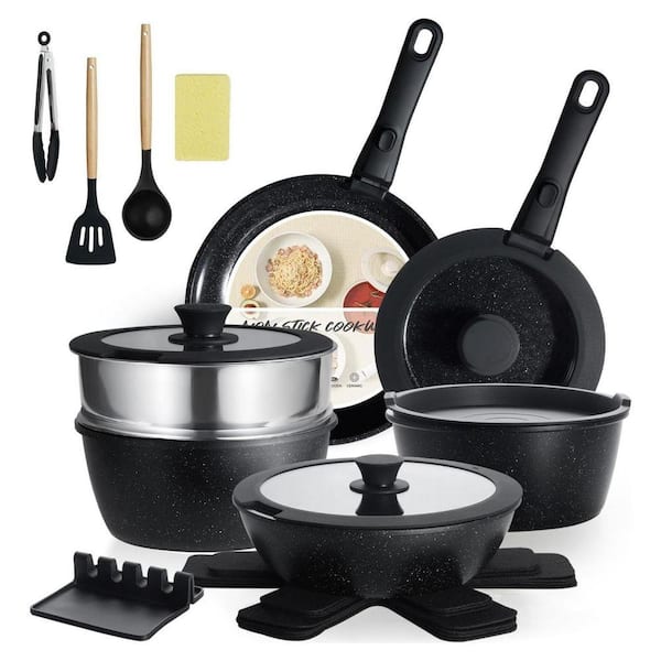 Aluminum 21-Piece Black Nonstick Ceramic Cookware Set Detachable Handles Multi-Stove Compatible Kitchen