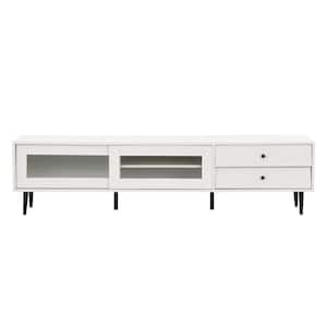 70.86 in. W x 15.70 in. D x 17.70 in. H White Linen Cabinet TV Stand with Sliding Fluted Glass Doors Slanted Drawers