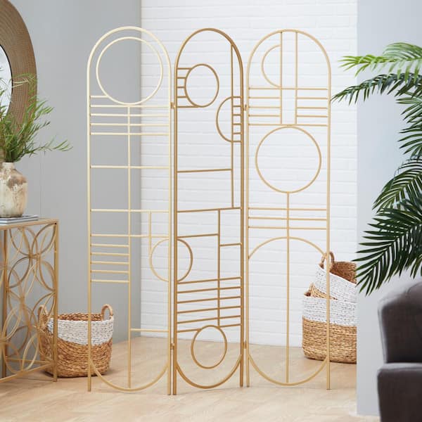 Litton Lane 6 ft. Gold 3 Panel Geometric Hinged Foldable Arched Partition Room Divider Screen