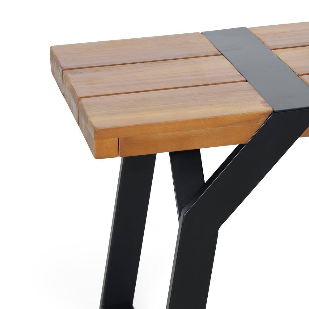 Sleek Black Metal and Teak Wood 63'' Outdoor Bench