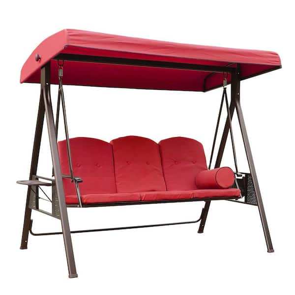 Unbranded 3-Seats Metal Outdoor Patio Swing with Red Cushions