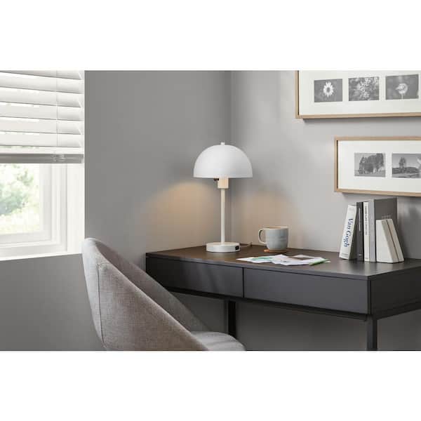 Hampton Bay Corbin 17.5 in. White Modern 1-Light Table Lamp with Metal Dome Shade and AC Outlet on Base