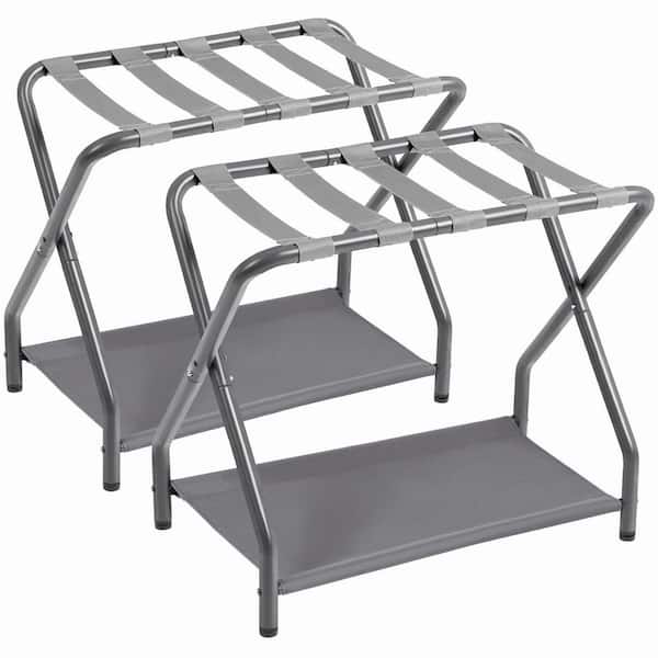 2 Piece Gray Foldable Metal Luggage Racks, Sturdy Suitcase Stands with Storage Shelf, Luggage Organizer for Guest Room