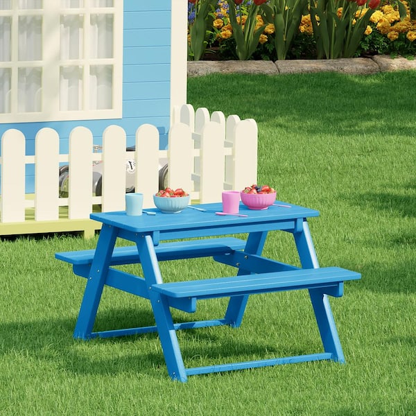 Children's Laguna Outdoor Patio All Weather Plastic 29.75 in. Rectangle Kids Picnic Play Table w/Benches in Pacific Blue