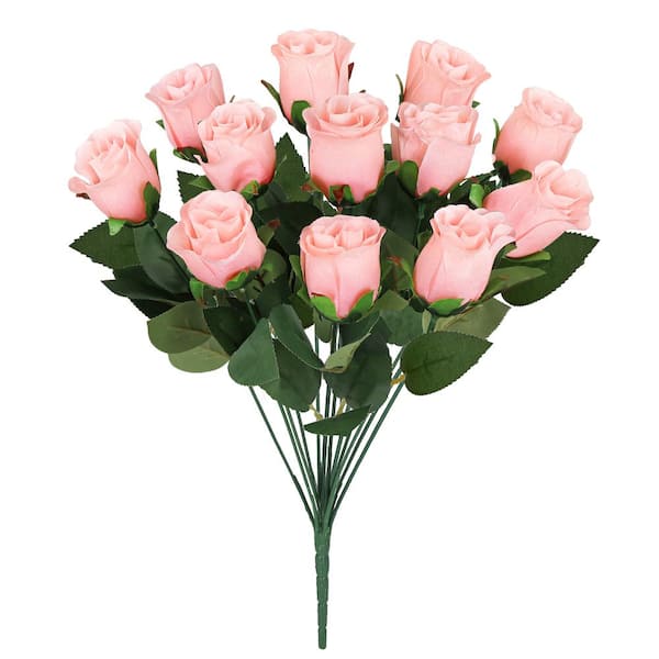 LIVING LUXURY 19.5 in. Pink Peach Artificial Rose Bud Flower Stem Bush Bouquet (Set of 2)