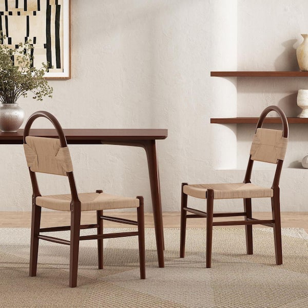 Modern Brown Rubber Wood Woven Dining Chair Armless Side Chair for