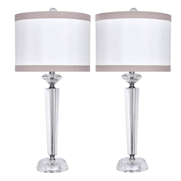 GRANDVIEW GALLERY 26 in. White Silk-Like Shade with Taupe Trim Clear Genuine Crystal Table Lamp with Polished Nickel Accents (2-Pack)