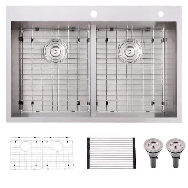 33 in. Drop-In Double Bowl 16-Gauge Stainless Steel Kitchen Sink, Low Divide 50/50 Split with Rack and Grid