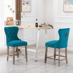 Harper 24 in. in Teal Velvet Tufted Wingback Kitchen Counter Bar Stool with Solid Wood Frame in Antique Gray (Set of 2)