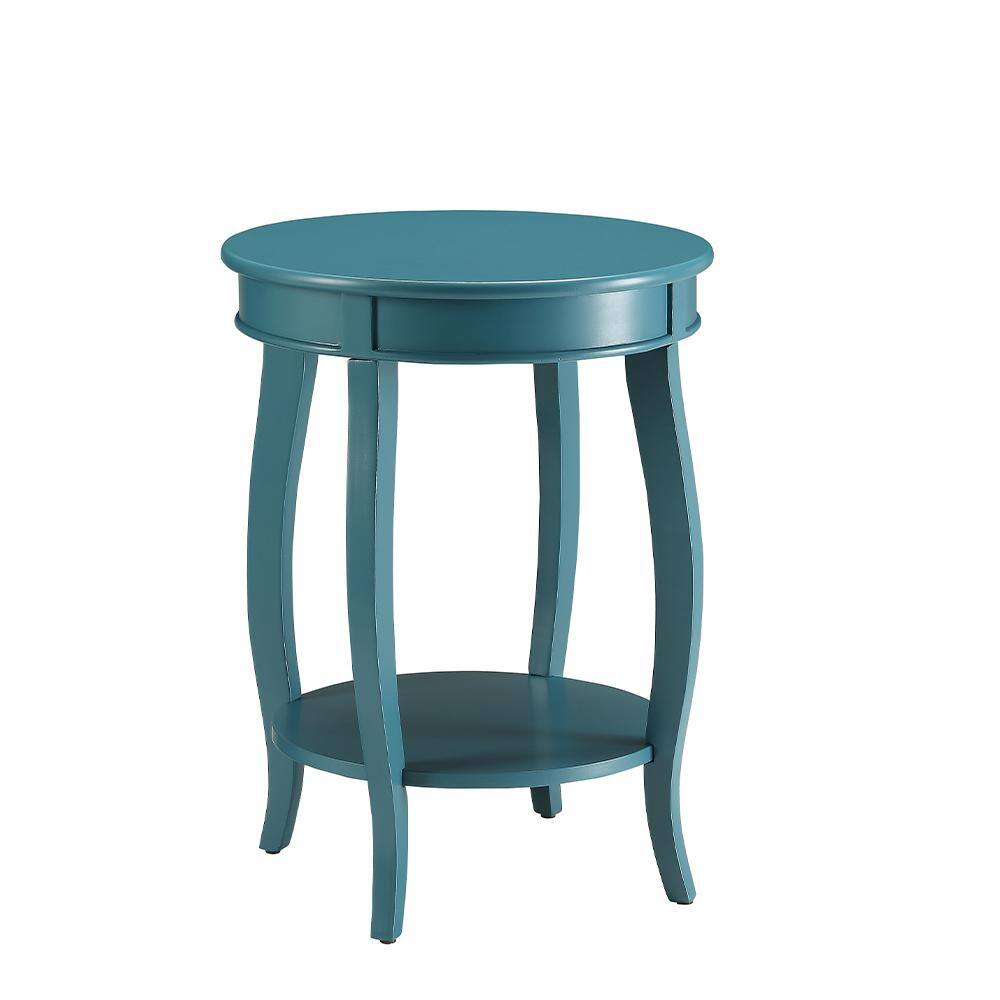 Teal Round Wooden Aberta Side Table with Stylized Legs and Shelf