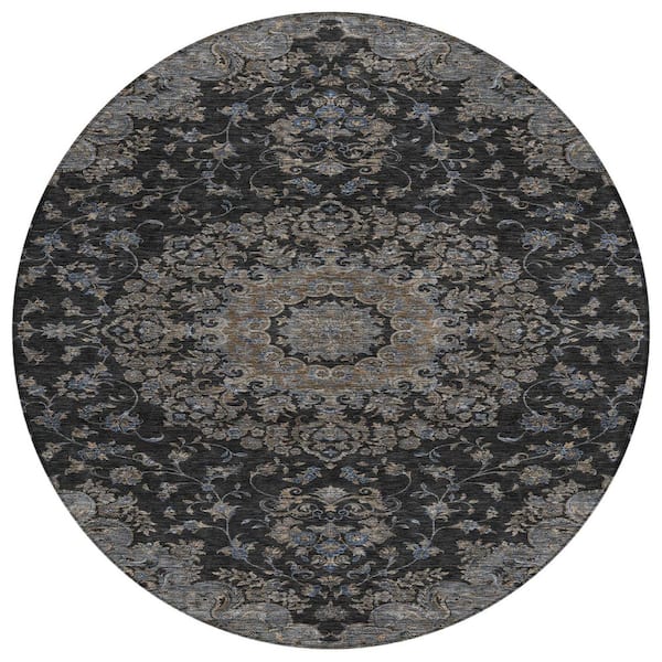 Chantille Machine Washable Indoor/Outdoor Abstract ACN2543 Black 8 ft. x 8 ft. Round Rug