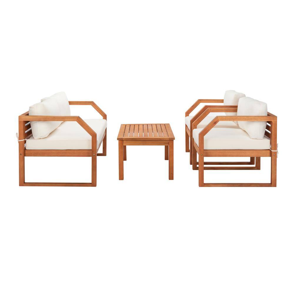 Natural Eucalyptus Wood 4-Piece Outdoor Living Set with Beige Cushions