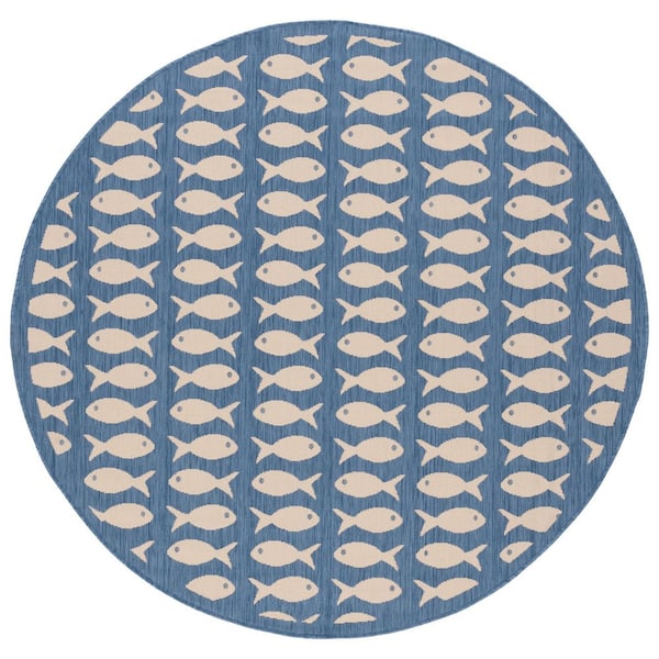 Courtyard Blue/Beige 4 ft. x 4 ft. Geometric Fish Indoor/Outdoor Round Area Rug