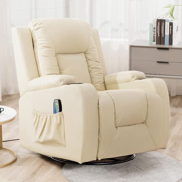 ComHoma White Faux Leather Recliner Chair Rocking Chair Swivel Recliner with Cup Holders, Heat and Massage Single Sofa Seat
