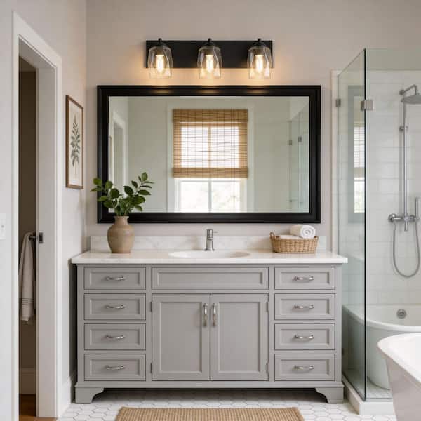 22 in. Industrial 3-Light Matte Black Farmhouse Vanity Light with Glass Shades for Bathroom