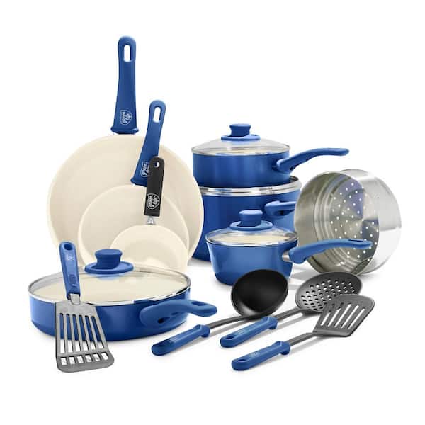 Soft Grip 16-Piece Aluminum Healthy Ceramic Nonstick Cookware Set in Blue