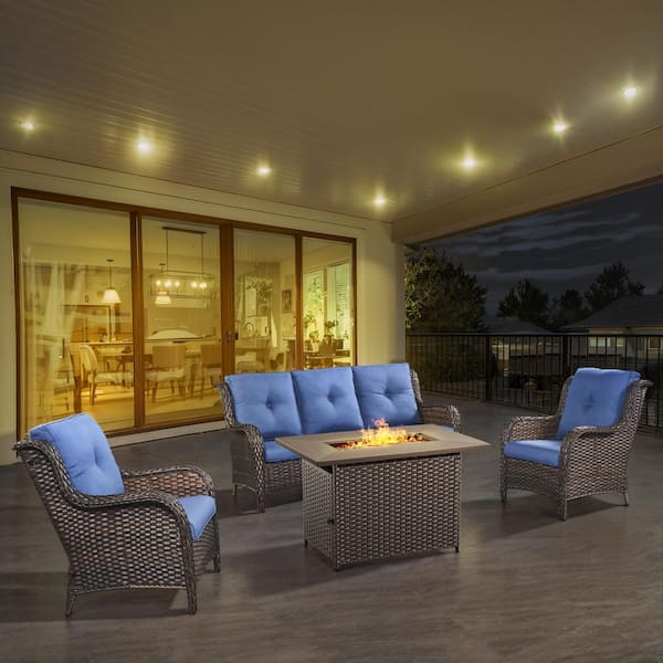 Opohoro 4-Piece Brown Wicker Outdoor Patio Rectangular Fire Pit Conversation Set with Blue Cushions and Sectional Sofa