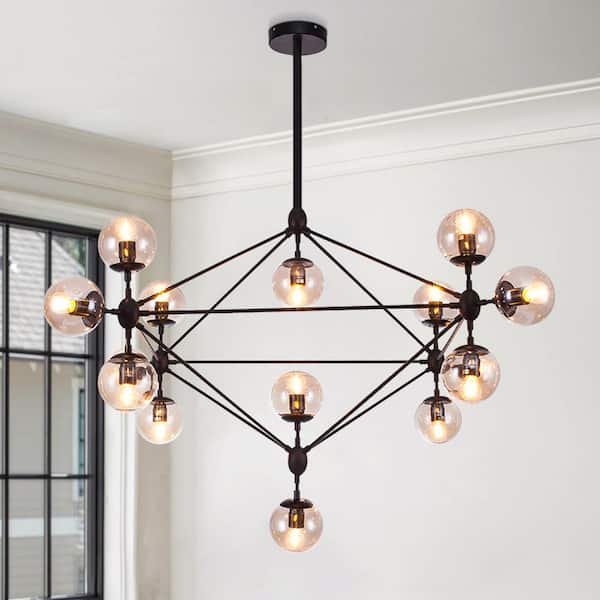 HUOKU Ceder 15-Light 51.2 in. W Black Modern Chandelier with Amber Glass Sputnik Magic Bean Pendant Light for Living Room