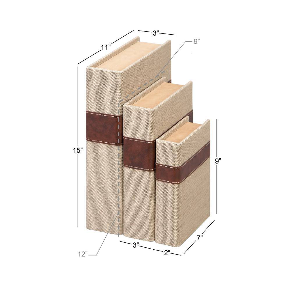 Set of 3 Beige and Brown Burlap Faux Leather Book Boxes