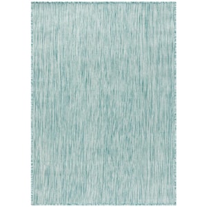 Beach House Aqua 9 ft. x 12 ft. Solid Striped Indoor/Outdoor Patio  Area Rug