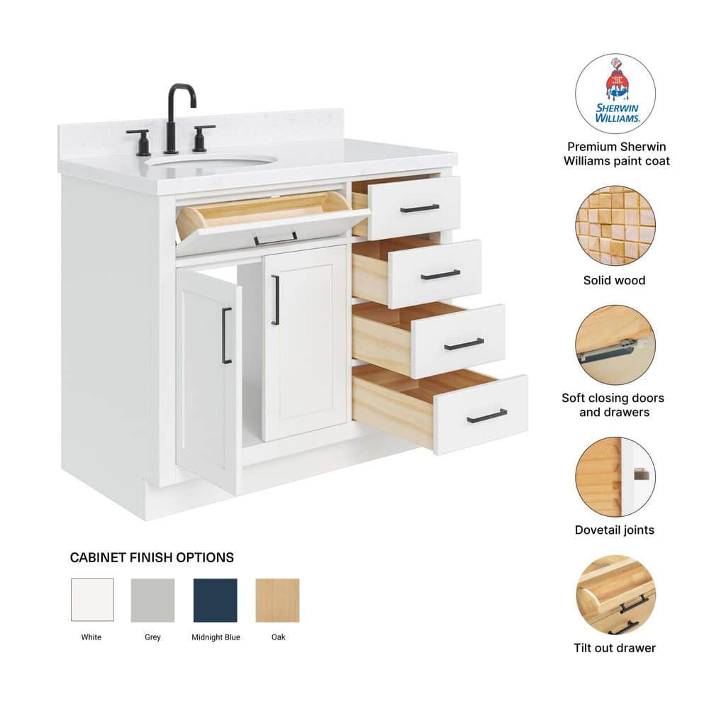 Sidmouth 42'' Solid Wood Single Bathroom Vanity with 1.5'' Carrara Quartz Top, Left Offset Oval Sink