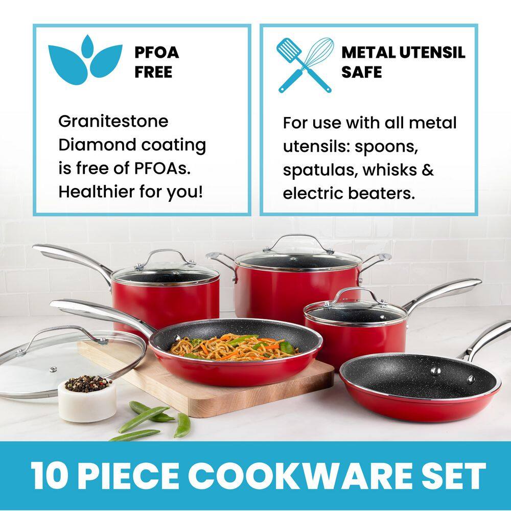 10-Piece Red Nonstick Aluminum Cookware Set with Glass Lids