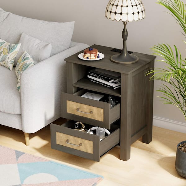 Rattan Nightstand with Charging Station, End Table with 2-Storage Drawers and 1-Open Shelf, for Bedroom, Vintage Gray