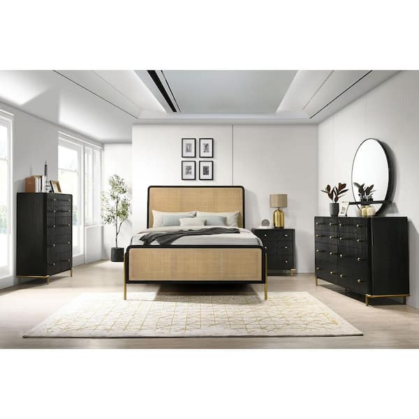 Arini Black and Natural Rattan Frame California King Panel Bed