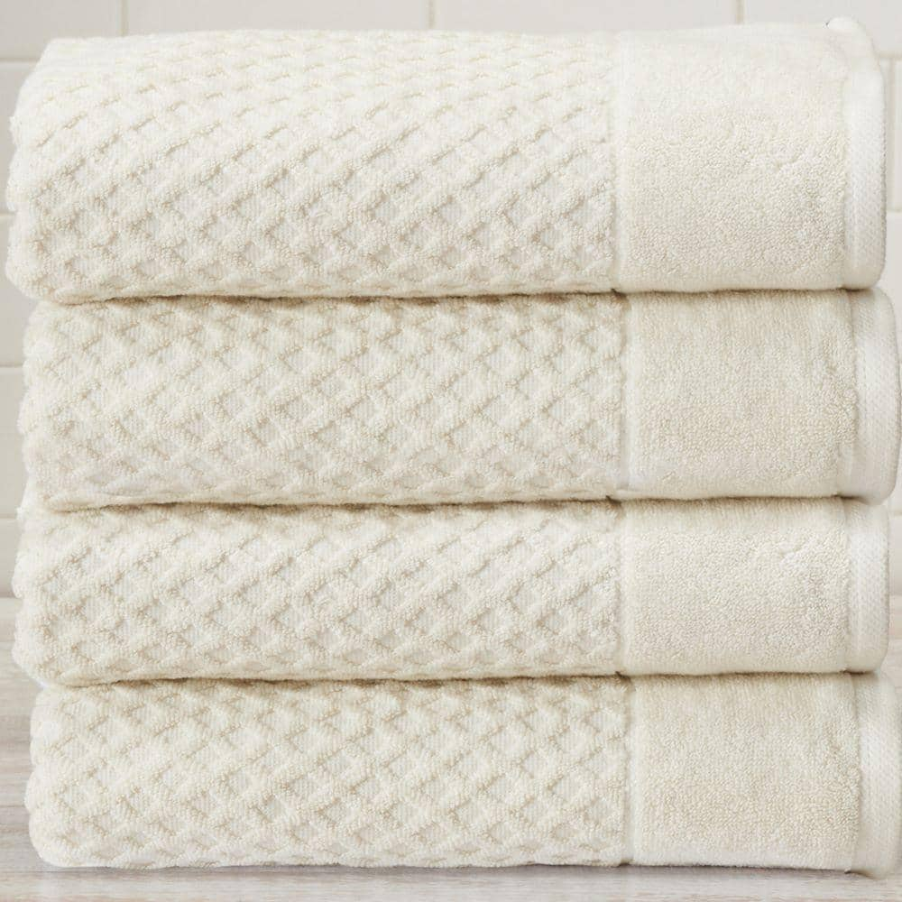 FRESHFOLDS Beige Solid 100% Cotton Textured Bath Towel (Set of 4 ...