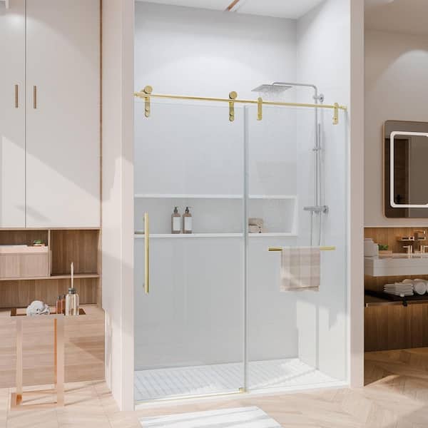 56-60 in. W x 76 in. H Sliding Frameless Glass Shower Door, Handle and Seal Strip, Stainless Steel Hardware, Golden