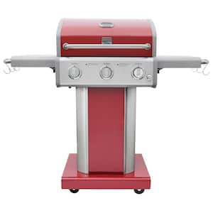 3 Burner Pedestal Propane gas Grill with Foldable Side Shelves in Red