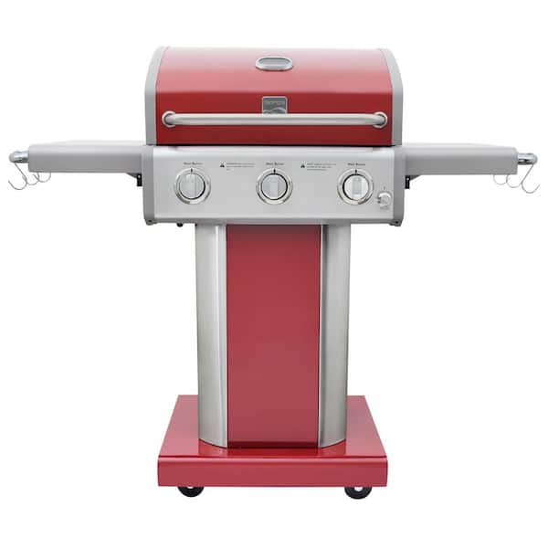 KENMORE 3 Burner Pedestal Propane gas Grill with Foldable Side Shelves in Red