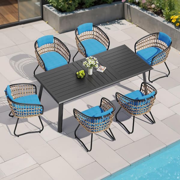 Crestlive Products 7-Piece Metal 82.7 in. Outdoor Dining Set with Rattan Chairs and Blue Cushions