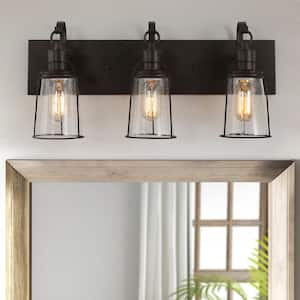 Farmhouse Rustic Oil-Rubbed Bronze Vanity Light, 22 in. 3-Light Cage Bathroom Wall Sconce with Seeded Glass Shades
