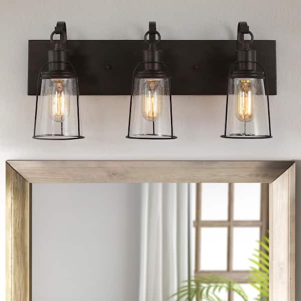 Uolfin Farmhouse Rustic Oil-Rubbed Bronze Vanity Light, 22 in. 3-Light Cage Bathroom Wall Sconce with Seeded Glass Shades