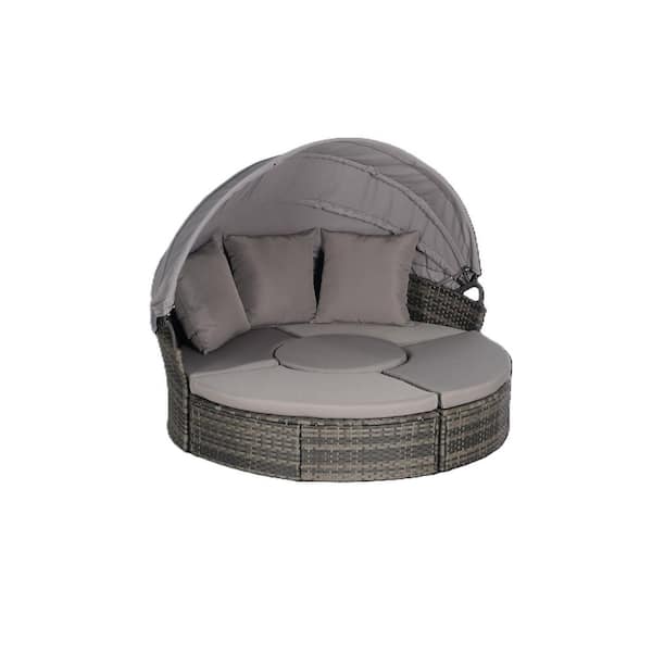 Sudzendf 5-Piece Wicker Outdoor Day Bed with Dark Gray Cushions Retractable Canopy and Storable Table, Patio Round Daybed