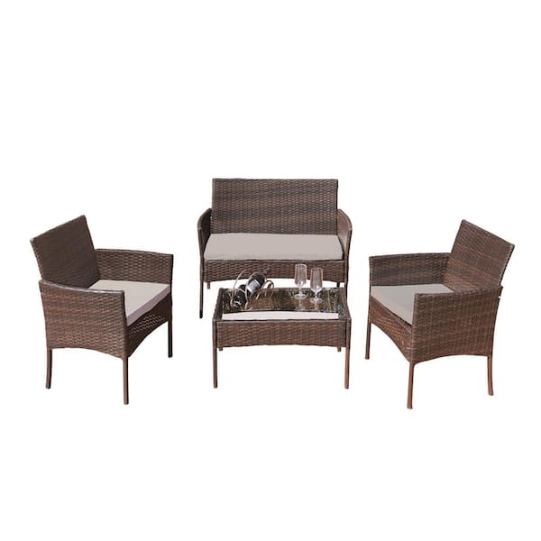 Inner Decor Daphne 4-Piece Brown Wicker and Metal Frame Patio Conversation Set with Gray Cushions